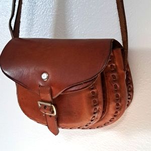 Handmade stitched leather brown two pouch buckle 7 inch crossbody purse.